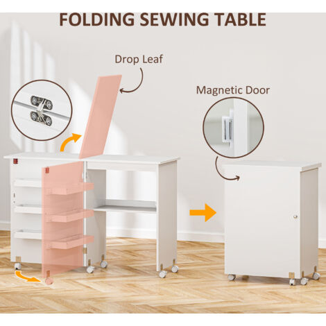 HOMCOM Folding Sewing Table Rolling Craft Table with Drop Leaf Wheels White
