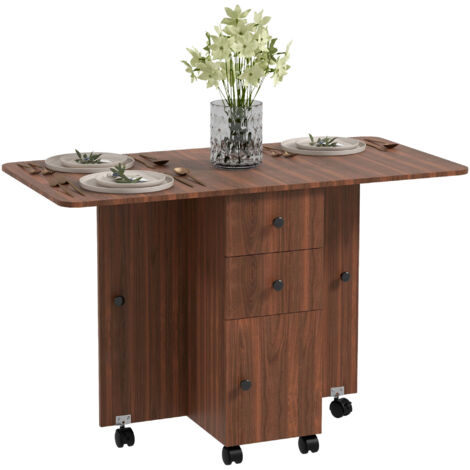 HOMCOM Folding Dining Table, Drop Leaf Table With Storage Drawers Brown