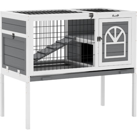 PawHut Wooden Rabbit Hutch, Small Animal House w/ Removable Tray, Openable Roof Grey (1/5)