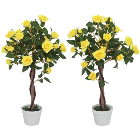 Outsunny Set of 2 90cm Artificial Rose Tree, Fake Decorative Plant, Yellow (1/5)