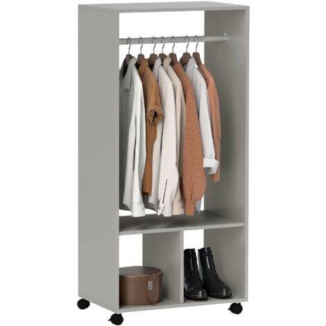 Rolling Open Wardrobe Clothes Rail w/ Hanging Rod Storage Closet Organizer Grey
