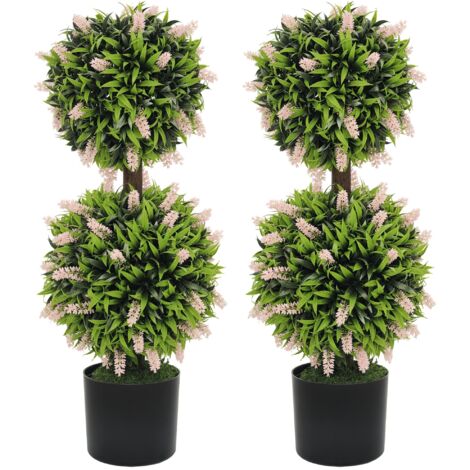 HOMCOM Set of 2 Potted Artificial Plants Ball Tree with Lavender Flowers 70cm