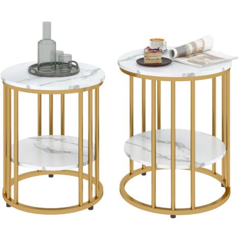 HOMCOM Marble-Effect Round Coffee Table Set of 2 for Living Room, Gold Tone (1/5)