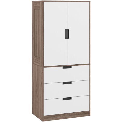 HOMCOM 2 Door Wardrobe Grey Wardrobe with 3 Drawer and Hanging Rod for Bedroom Brown
