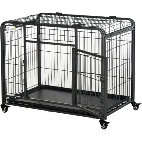 PawHut Metal Dog Cage Kennel Locking Door & Wheels Removable Tray 94 x 58 x 69.5 cm