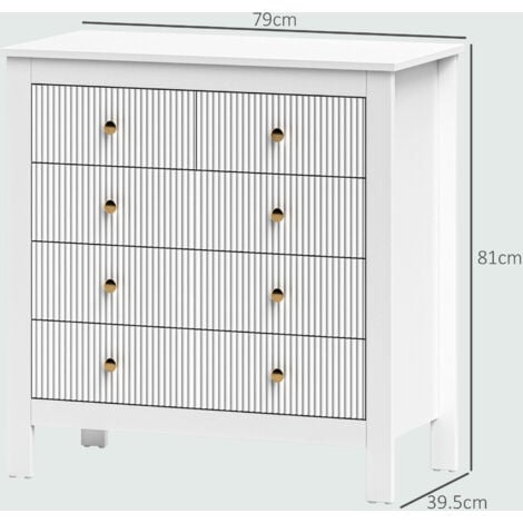 HOMCOM Fluted Bedroom Chest of Drawers w/ 5 Drawers Gold Tone Handles White
