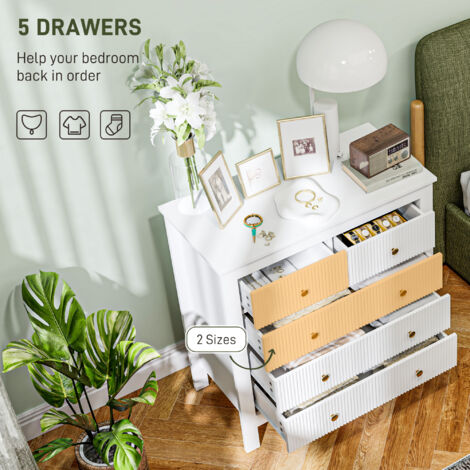 HOMCOM Fluted Bedroom Chest of Drawers w/ 5 Drawers Gold Tone Handles White