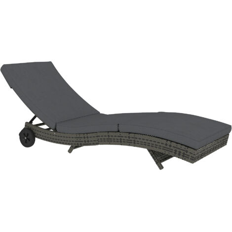 Outsunny Outdoor Rattan Sun Lounger with Reclining Back, Wheels, Dark Grey (1/5)