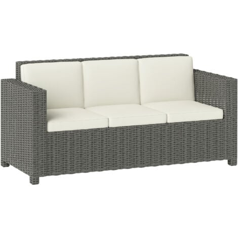 Outsunny Rattan Wicker 3-seater Sofa Chair Patio Furniture w/ Cushion Cream White