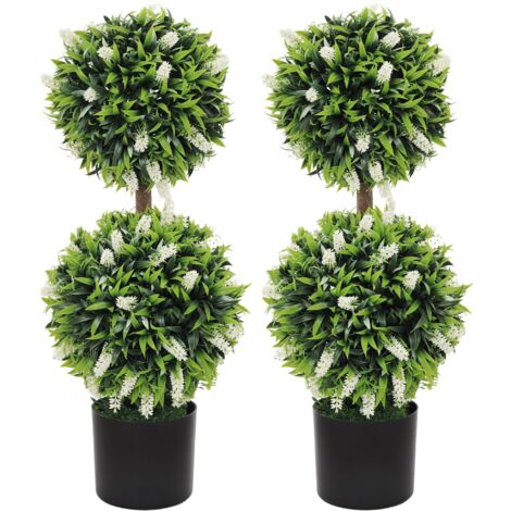 HOMCOM Set of 2 Potted Artificial Plants Ball Tree with Lavender Flowers 70cm