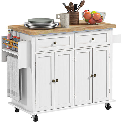 HOMCOM Rolling Kitchen Island Cart with Rubber Wood Top, Spices White