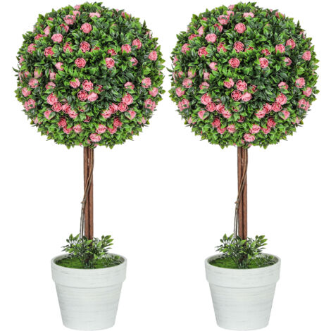 HOMCOM Set of 2 Artificial Plants with Rose Flower in Pot, 60cm, Pink (1/5)