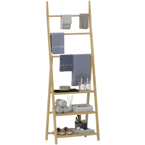 HOMCOM 3-Tier Folding Bamboo Bathroom Storage Shelving Unit with Towel Bars (1/5)