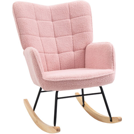 HOMCOM Wingback Rocking Chair for Nursing w/ Steel Frame and Wooden Base Pink
