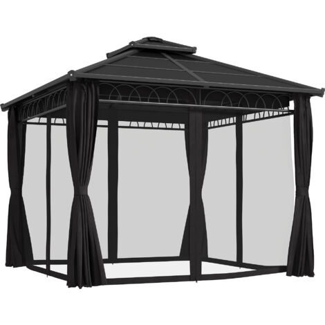 Outsunny 3 x 3 (m) Double Roof Hard Top Gazebo w/Nettings, Dark Grey