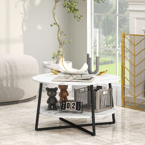 HOMCOM Round Coffee Table with Storage Shelf and Marble Effect Top, White