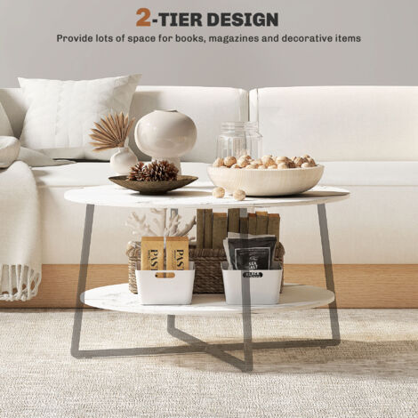 HOMCOM Round Coffee Table with Storage Shelf and Marble Effect Top, White