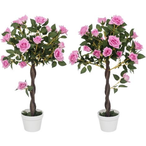 Outsunny Set of 2 90cm Artificial Rose Tree, Fake Decorative Plant, Purple (1/5)