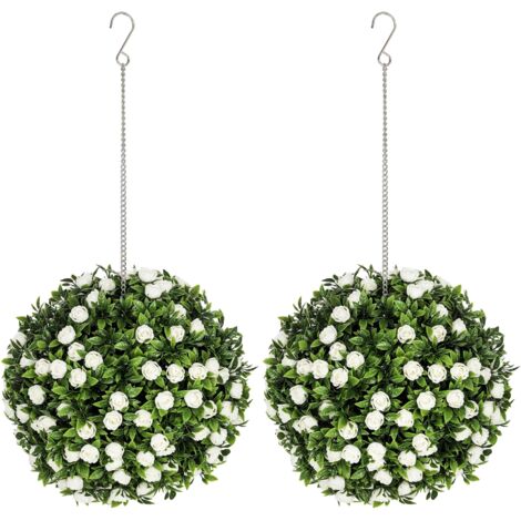 HOMCOM Set of 2 Artificial Plant Topiary Rose Balls, Faux Plants, White (1/5)