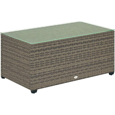 Outsunny Outdoor Coffee Table, Glass Top Rattan Side Table, Dark Grey