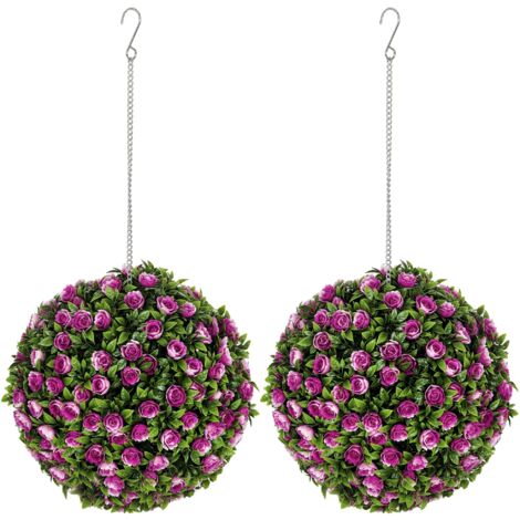 HOMCOM Set of 2 Artificial Plant Topiary Rose Balls, Faux Plants, Purple (1/5)