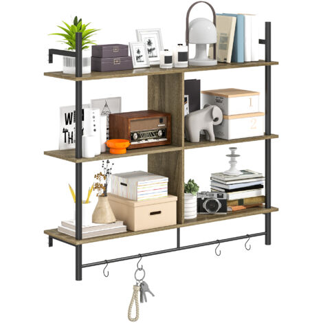 HOMCOM Wall Shelf Unit with 4 Hooks for Living Room Grey Wood Effect