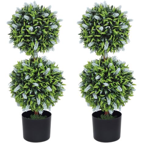HOMCOM Set of 2 Potted Artificial Plants Ball Tree with Lavender Flowers 70cm