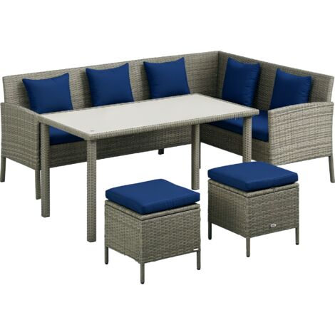 Outsunny 5Pcs Rattan Dining Corner Sofa Set, Garden Furniture Set, Dark Blue (1/5)