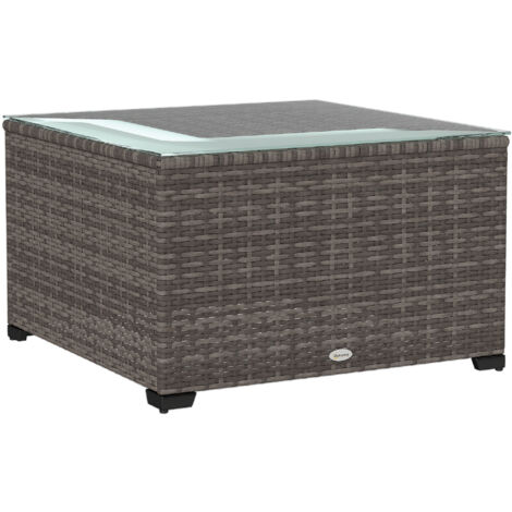 Outsunny Outdoor Coffee Table with Glass Top, Rattan Side Table, Dark Grey