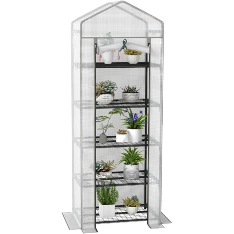 Outsunny 5 Tier Mini Greenhouse Grow House w/ Roll Up Door, White/Grey (1/5)