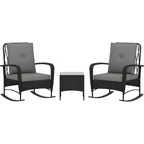 Outsunny Rattan Bistro Set Balcony Furniture with Rocking Chairs, Black