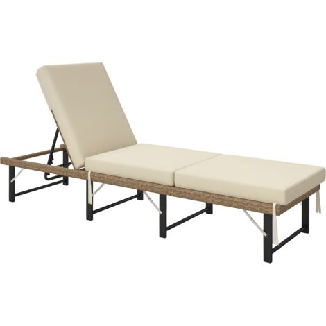 Outsunny Folding Rattan Sun Lounger with Adjustable Back, Cushion, Natural (1/5)