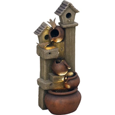 Outsunny 2-in-1 Waterfall Fountain with Birdhouse, Resin Outdoor Fountain