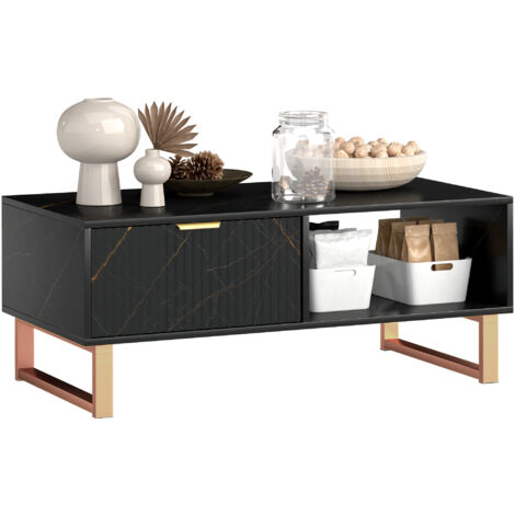HOMCOM Coffee Table, Living Room Table with Drawer and Open Shelves, Black (1/5)