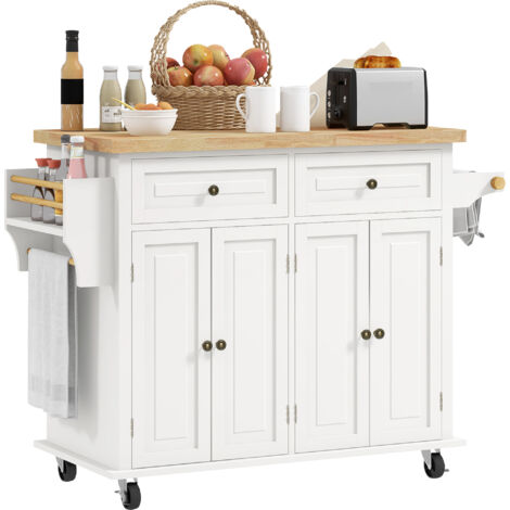 HOMCOM Rolling Kitchen Island Cart with Rubber Wood Top, Spices Cream White