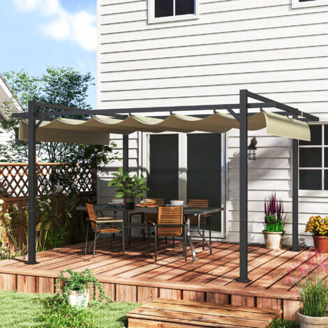 Outsunny 3 x 4m Pergola with Retractable Roof and Aluminium Frame, Khaki