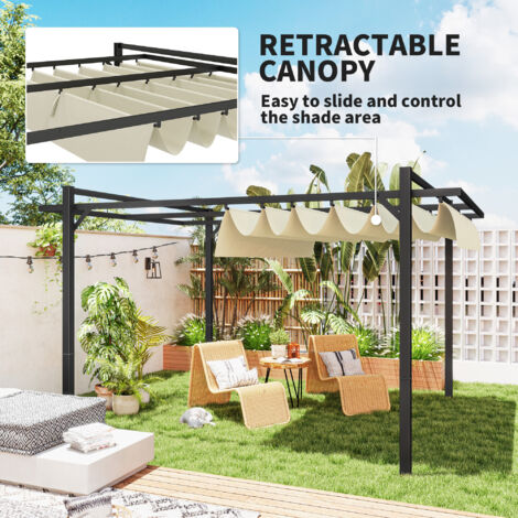 Outsunny 3 x 4m Pergola with Retractable Roof and Aluminium Frame, Khaki