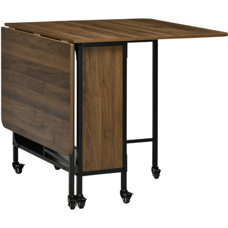 HOMCOM Mobile Drop Leaf Dining Table on Wheels with Storage Shelf Light Brown