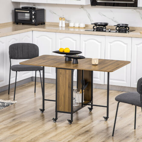 HOMCOM Mobile Drop Leaf Dining Table on Wheels with Storage Shelf Light Brown