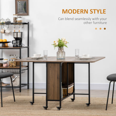 HOMCOM Mobile Drop Leaf Dining Table on Wheels with Storage Shelf Light Brown