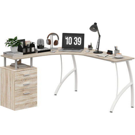 HOMCOM L-Shaped Corner PC Desk Table w/ Drawer Home Office Workstation Oak