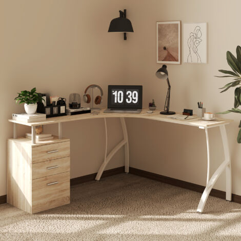 HOMCOM L-Shaped Corner PC Desk Table w/ Drawer Home Office Workstation Oak