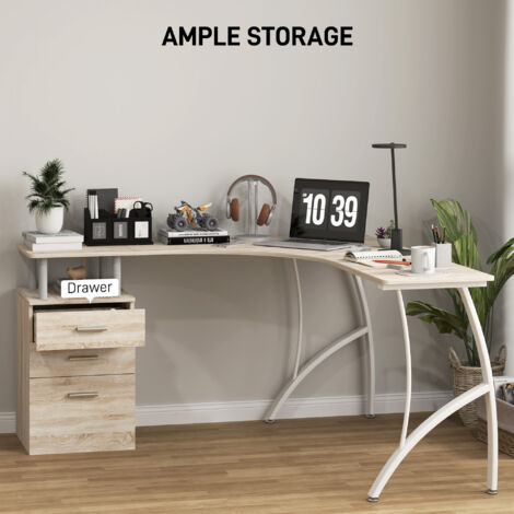 HOMCOM L-Shaped Corner PC Desk Table w/ Drawer Home Office Workstation Oak