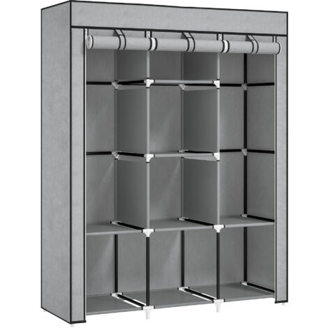 HOMCOM Fabric Portable Wardrobe with 8 Shelves 2 Hanging Rails, Light Grey