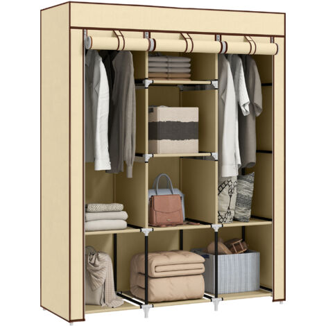 HOMCOM Fabric Portable Wardrobe with 8 Shelves 2 Hanging Rails, Beige (1/5)