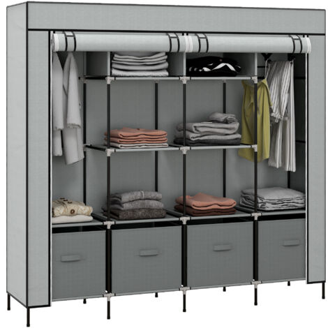 HOMCOM Large Fabric Wardrobe Closet with 10 Compartments, 2 RaiIs, Dark Grey