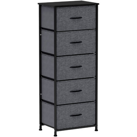 HOMCOM 5 Drawer Fabric Chest of Drawers w/ Wooden Top, Dark Grey