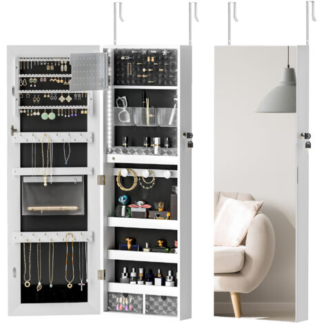 HOMCOM Door Hanging or Wall Mounted Jewellery Cabinet w/ Mirror Black Lining