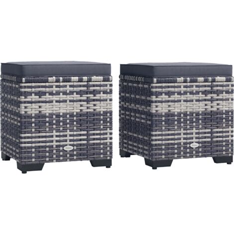 Outsunny Set of 2 Rattan Footstool, Storage Ottoman w/ Cushions, Dark Grey