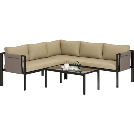 Outsunny 4 Piece Garden Furniture Set w/ Breathable Mesh Pocket, Khaki